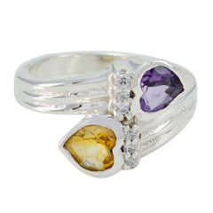 Lucia silver toi et moi heart ring with purple and yellow heart-shaped gemstones and small clear stones