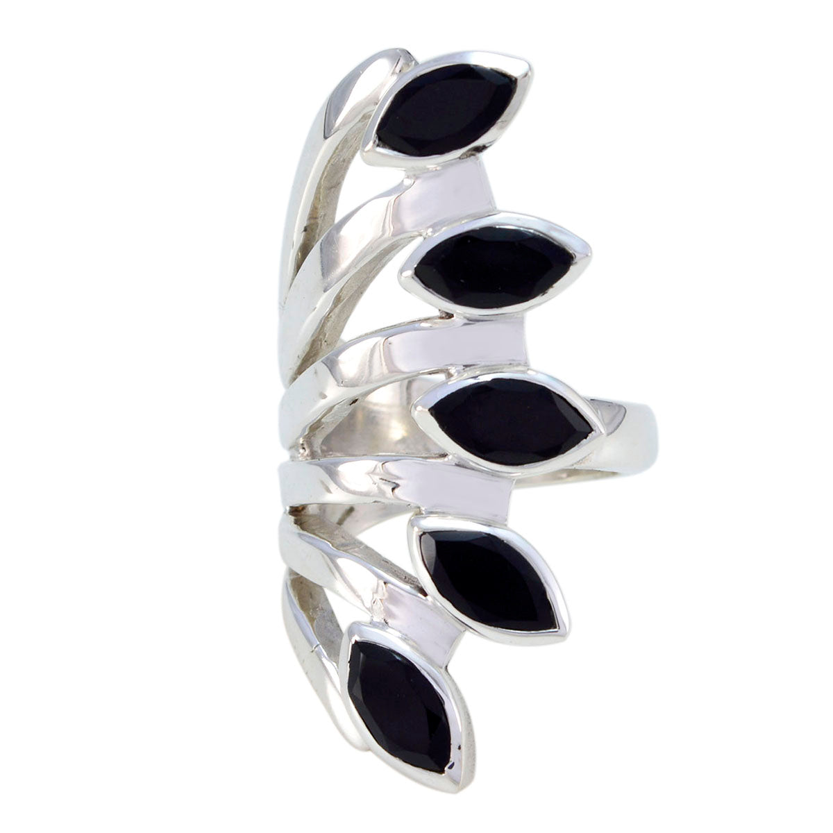 Grace traditional black gemstone ring with multiple marquise black stones set in silver band