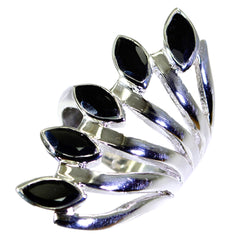 Grace traditional black gemstone ring with five marquise-cut black stones set in silver band