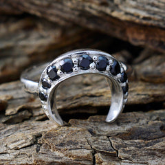 Isabella trendy black ring for women with black stones set in silver band crescent design