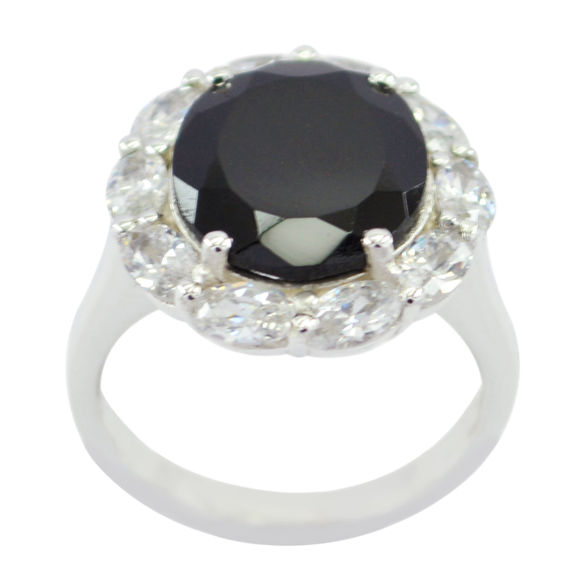 Leah trendy black statement ring with large faceted black gemstone surrounded by clear crystals