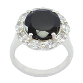 Leah trendy black statement ring with large faceted black gemstone surrounded by clear crystals