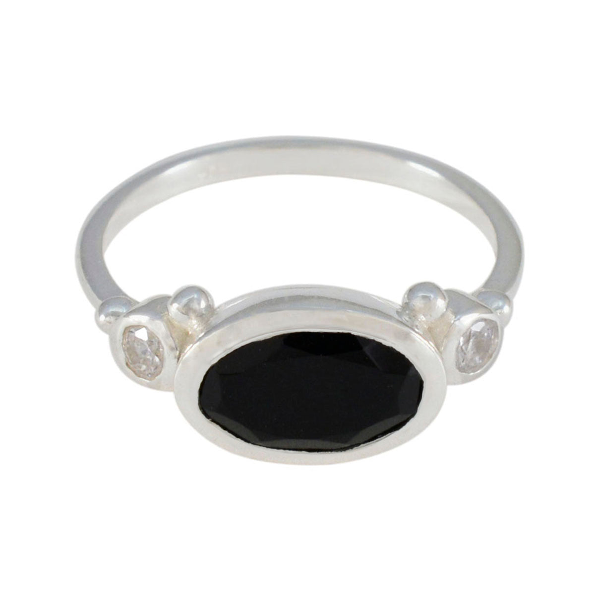 Natalie sterling silver ring with oval black stone and two small clear side stones trendy black trilogy ring