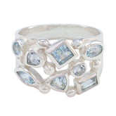 Nisa trendy blue gemstone ring featuring multiple shapes of blue stones set in silver band