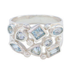 Nisa trendy blue gemstone ring featuring multiple shapes of blue stones set in silver band