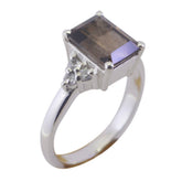 Joaquina trendy brown gemstone halo ring on sterling silver band with emerald cut brown stone and accent diamonds