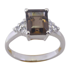 Joaquina trendy brown gemstone halo ring emerald cut smoky quartz center with side accent diamonds on silver band