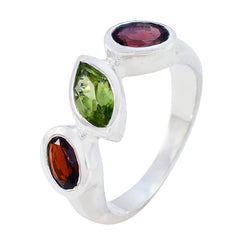 Angel trendy gemstone trilogy ring with three distinct colored stones set in silver band