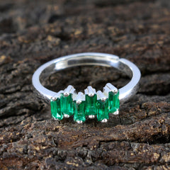 Ayesha sterling silver ring with five emerald cut green stones on band trendy green gemstone ring for everyday wear