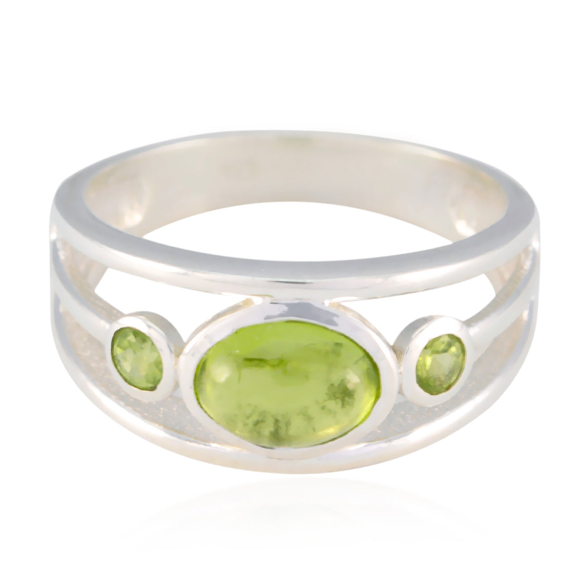 Putri trendy green gemstone ring with three oval green stones set in silver band