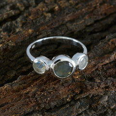 Nisa trendy grey gemstone ring featuring three round grey stones set in a silver band