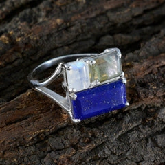 Pilar trendy multicolor gemstone ring with silver band featuring blue, clear, and yellow stones