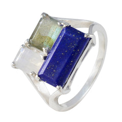 Pilar trendy multicolor gemstone ring with blue, green, and clear rectangular stones in silver setting