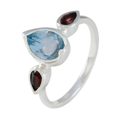 Soo jin sterling silver ring with pear cut blue center and two small red pear stones trendy multicolor trilogy ring