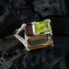 Lucia trendy multicolor trilogy ring with green, red, and brown rectangular gemstones on silver band