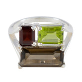 Lucia trendy multicolor trilogy ring with three rectangular gemstones in silver setting