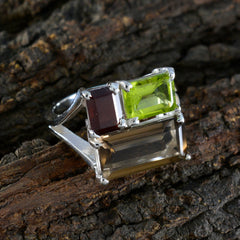 Lucia trendy multicolor trilogy ring with green, purple, and smoky quartz stones set in silver band