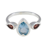 Soo jin silver ring with pear blue center stone and two red pear side stones trendy multicolor trilogy ring