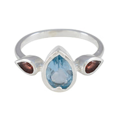 Soo jin silver ring with pear blue center stone and two red pear side stones trendy multicolor trilogy ring