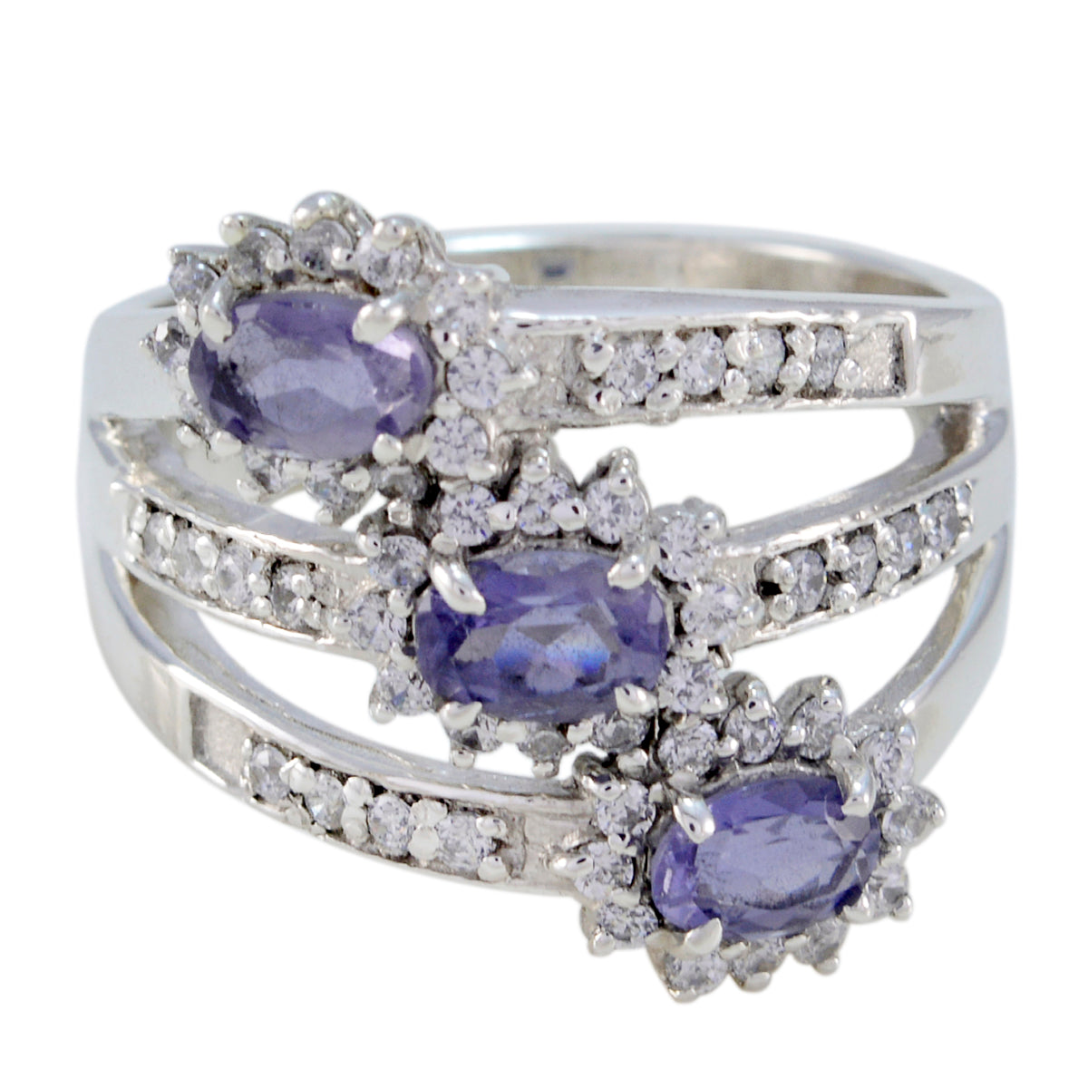Trendy multicolor trilogy ring with three purple gemstones and surrounding clear crystals in silver band