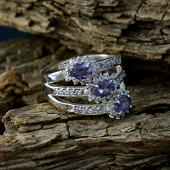 Trendy multicolor trilogy ring with three oval purple stones and sparkling clear crystals on silver band