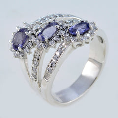 Trendy multicolor trilogy ring by Maria with three purple gemstones and diamond accents on silver band