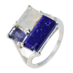 Renata trendy multicolor trilogy ring with rectangular and square gemstones in silver band