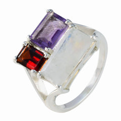 Luna silver ring with three rectangular stones purple red and white trendy multicolor trilogy ring for modern style