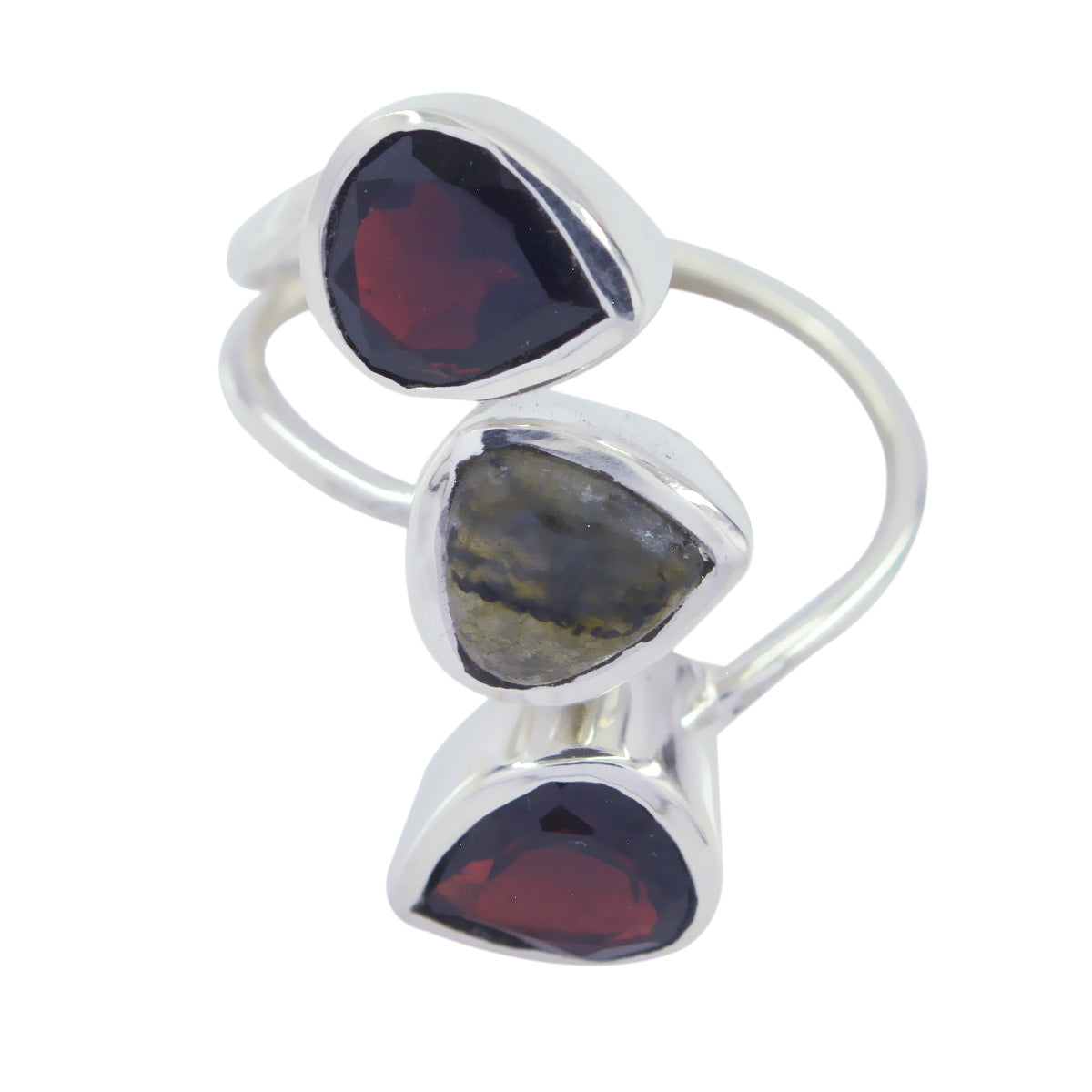 Julia silver open band ring with three teardrop stones in deep red and green gray trendy multicolor trilogy ring