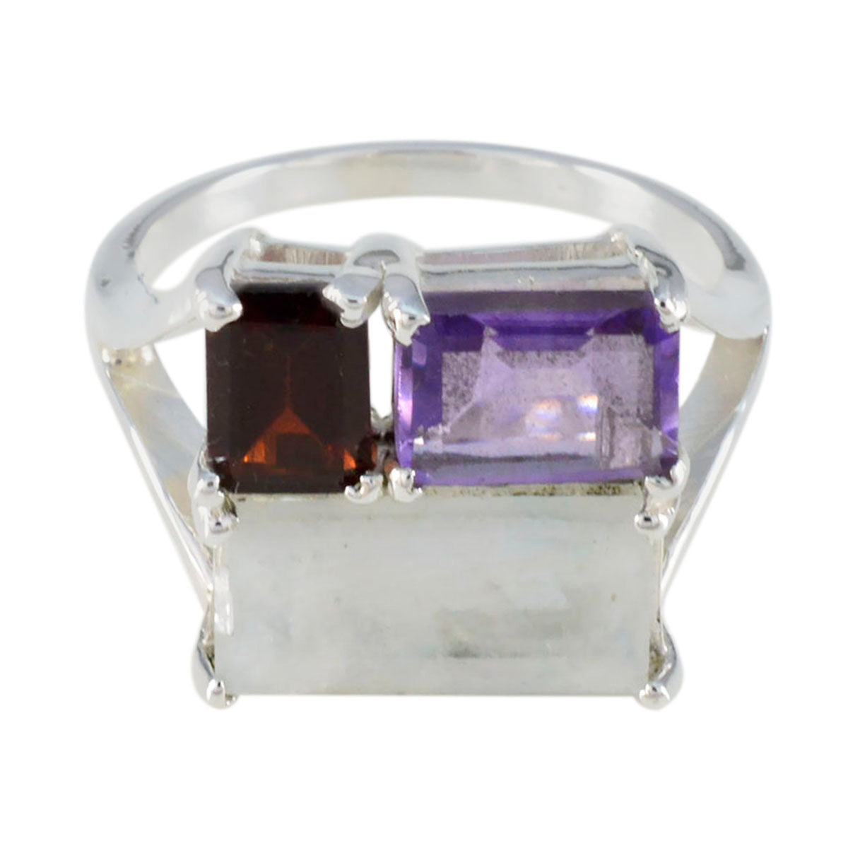 Luna silver ring with three rectangular stones purple red and translucent trendy multicolor trilogy ring