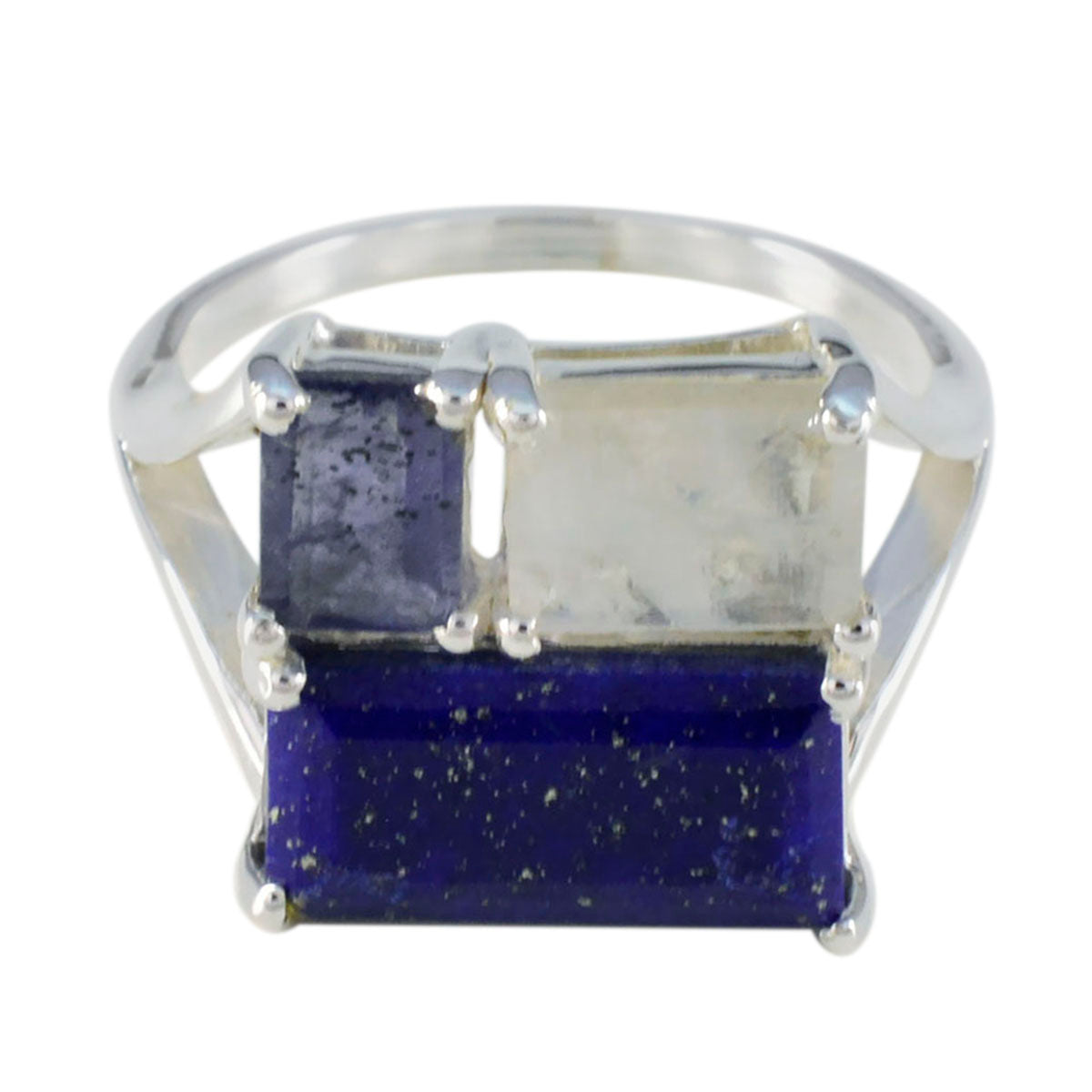 Renata trendy multicolor trilogy ring with three rectangular stones in silver setting