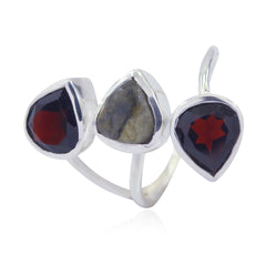 Julia silver open band trendy multicolor trilogy ring with two red teardrop stones and central gray green stone