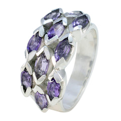 Kristine sterling silver ring with marquise cut purple stones clustered on wide band trendy purple gemstone ring