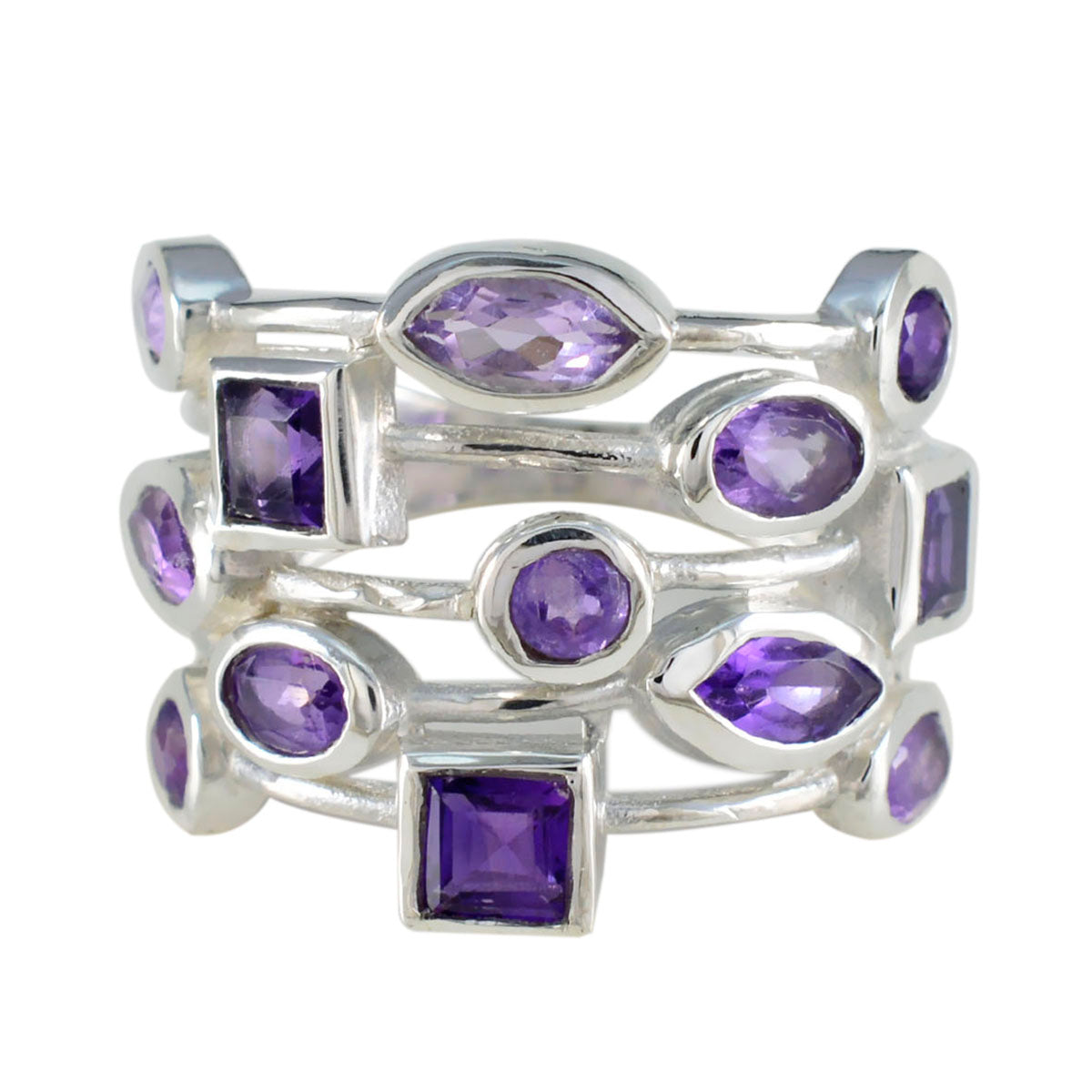 Trendy purple gemstone ring by Eva featuring multiple purple stones in various shapes set in silver