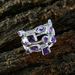 Eva trendy purple gemstone ring with multiple purple stones set in shiny silver band