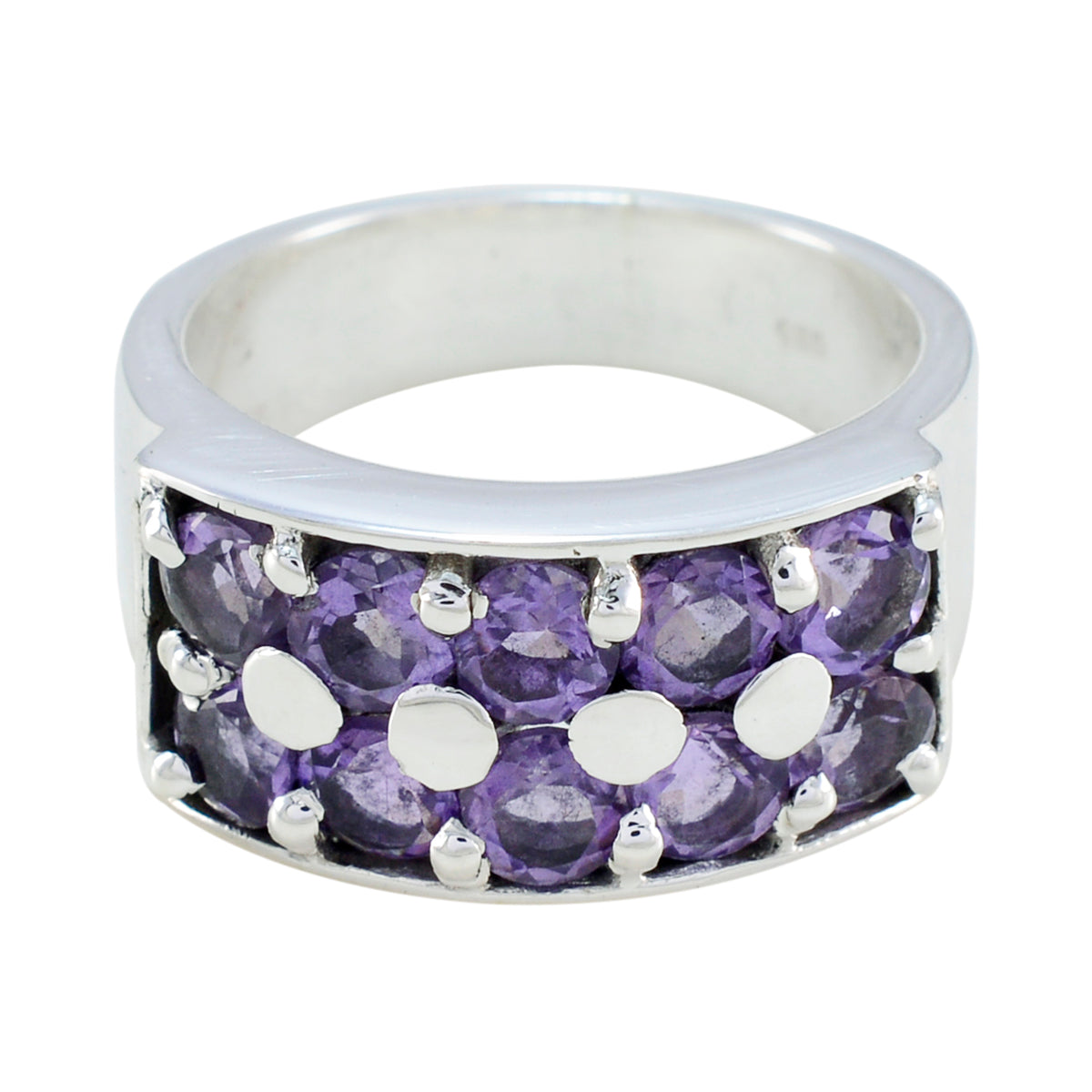 Ivana trendy purple gemstone ring with multiple round purple stones set in silver band