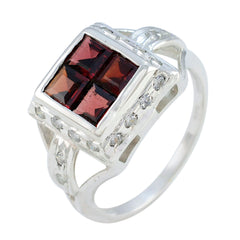 Eun ji silver ring with four square red stones set in a paved halo and split shank trendy red gemstone halo ring