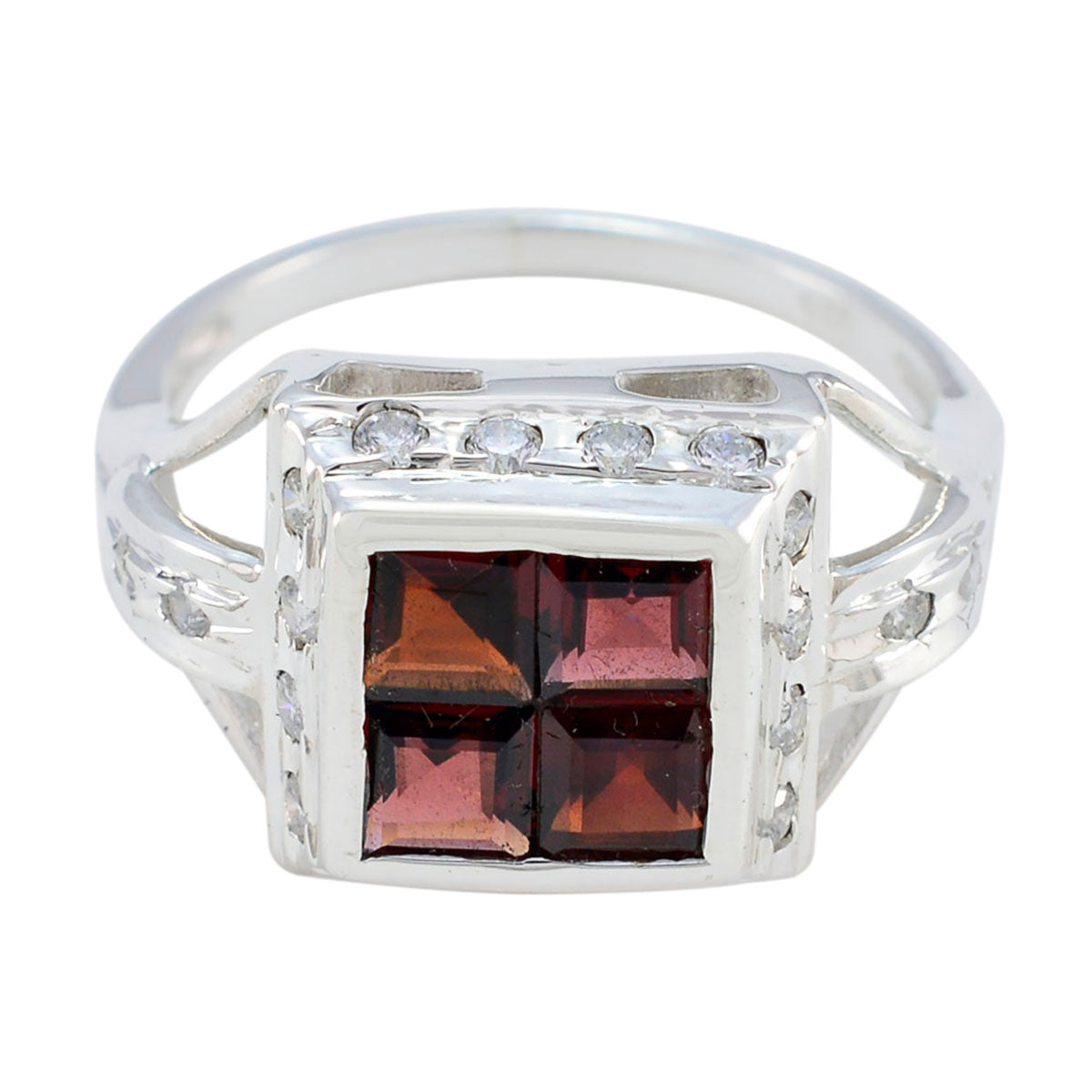 Sterling silver ring with four square red stones and clear accents trendy red gemstone halo ring
