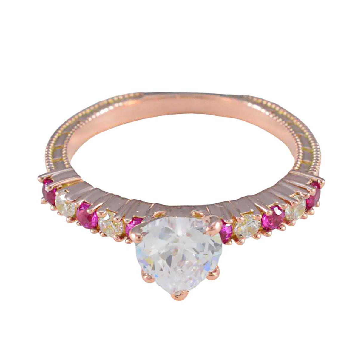 Yasmin rose gold ring with heart shaped clear center stone and pave red side stones trendy red gemstone ring