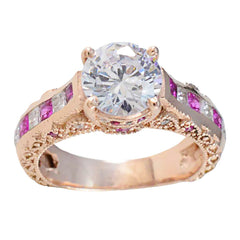 Tereza rose gold ring with clear round center stone milgrain details and channel set rubies trendy red gemstone ring