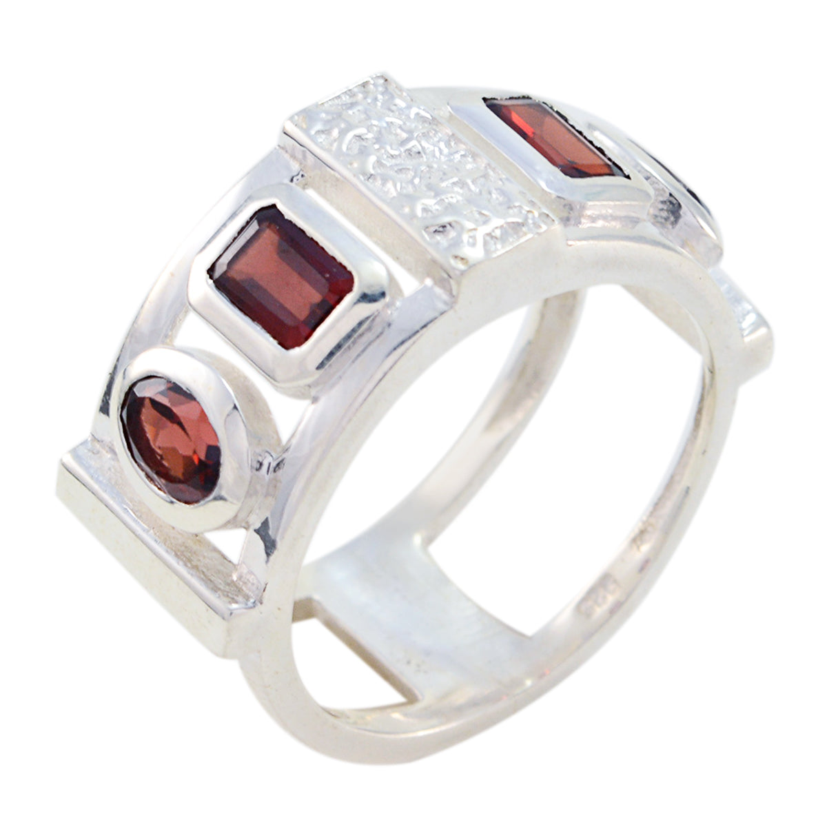 Aurora trendy red gemstone ring with rectangular and round red stones set in silver band