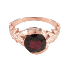 Naomi Trendy Red Solitaire Ring with Rose Gold Leaf Design Garnet Red