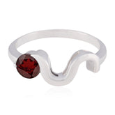 Sakura Trendy Red Solitaire Ring with Unique Silver Wave Garnet Red