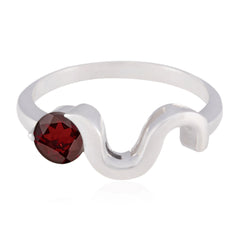 Sakura Trendy Red Solitaire Ring with Unique Silver Wave Garnet Red