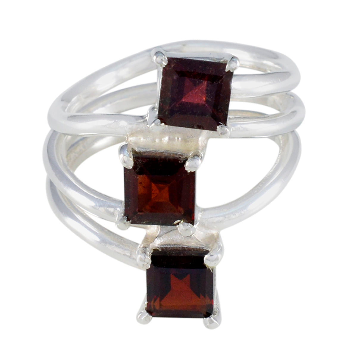 Natcha sterling silver ring with three red square stones stacked in split bands trendy red trilogy ring