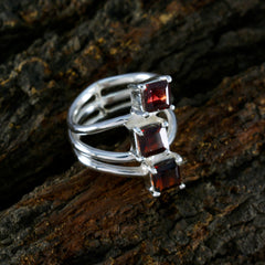 Natcha sterling silver ring with three square red stones stacked sleek bands trendy red trilogy ring