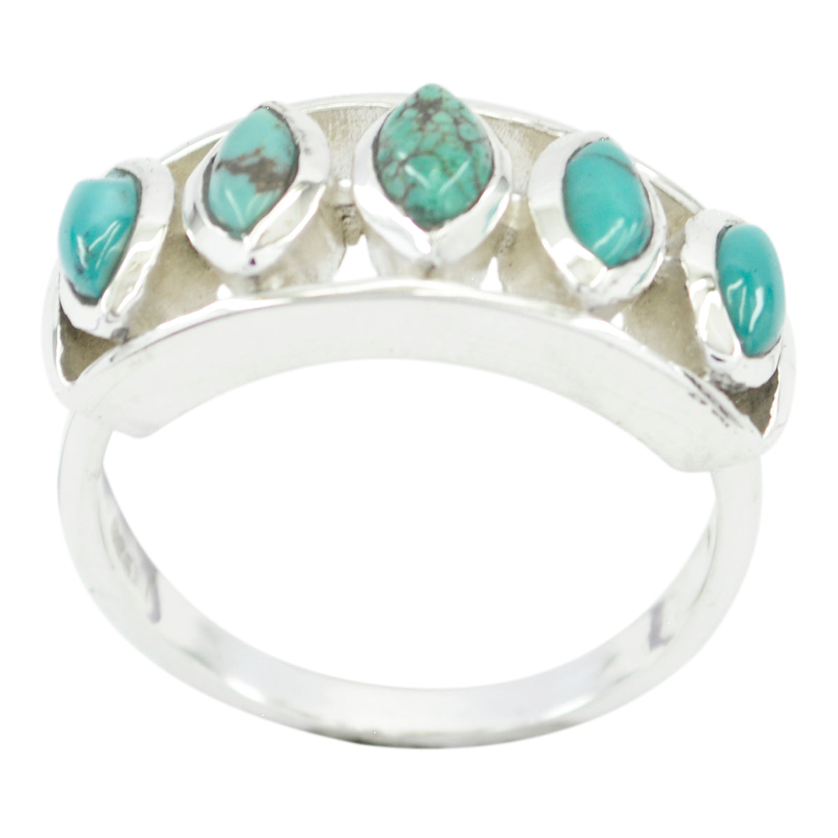 Mila trendy turquoise gemstone ring with five bezel set turquoise stones on sterling silver band