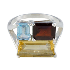 Lucy trilogy multicolor gemstone ring in sterling silver with emerald cut citrine garnet and aquamarine