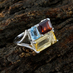 Lucy trilogy multicolor gemstone ring with aquamarine red garnet and yellow citrine set in silver
