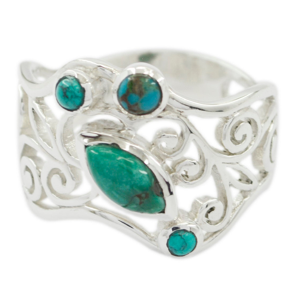 Putri turquoise filigree ring with intricate silver swirls and multiple turquoise stones